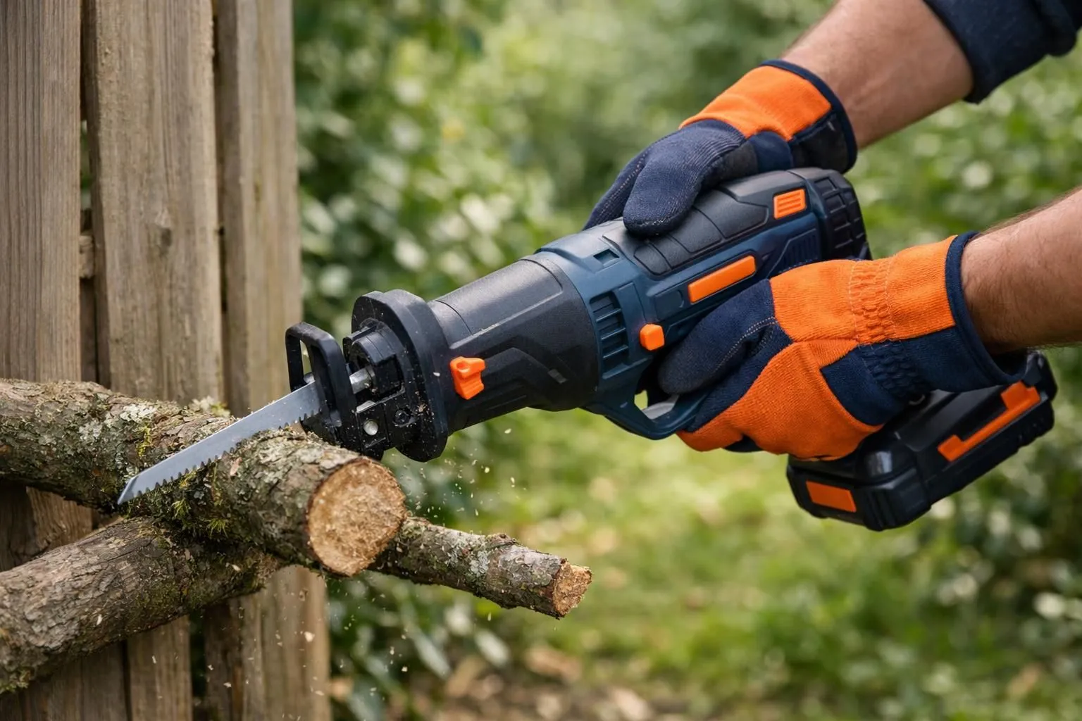 Close-up of a person using a cordless Parkside reciprocating saw outdoors in a French garden, cutting thick tree branches near a wooden fence, realistic photography, natural daylight, detailed tool texture, gardening gloves visible, lush green background, professional gardening atmosphere, high detail, no text, no logo, shallow depth of field
