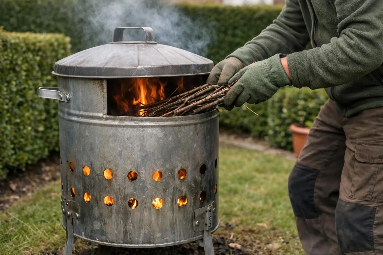 Modern cylindrical metal garden incinerator in use in a French suburban backyard, with a gardener carefully placing dry branches inside. Visible flames through ventilation holes, neat garden setting with pruned hedges in background. Natural afternoon light, realistic photography style, close-up view showing the metallic structure and safety features. No text, no logos, professional garden maintenance atmosphere.