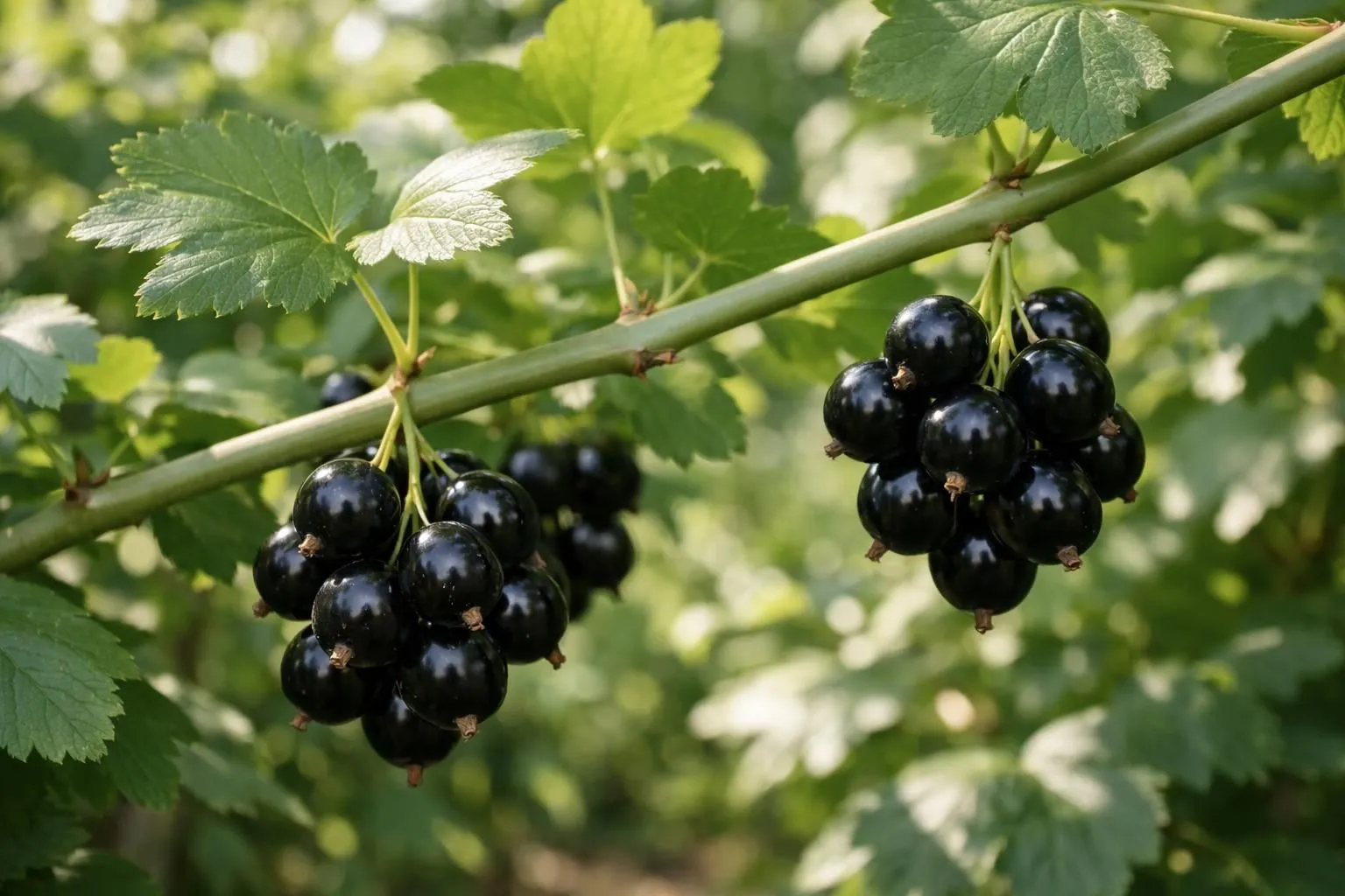 Close-up of a colina josta shrub branch with glossy black berries in a French garden, healthy green foliage without thorns, morning sunlight filtering through leaves, realistic photography, shallow depth of field focusing on berry clusters, natural colors, high detail, professional gardening atmosphere, showing the distinctive smooth stems compared to traditional gooseberry thorns.
