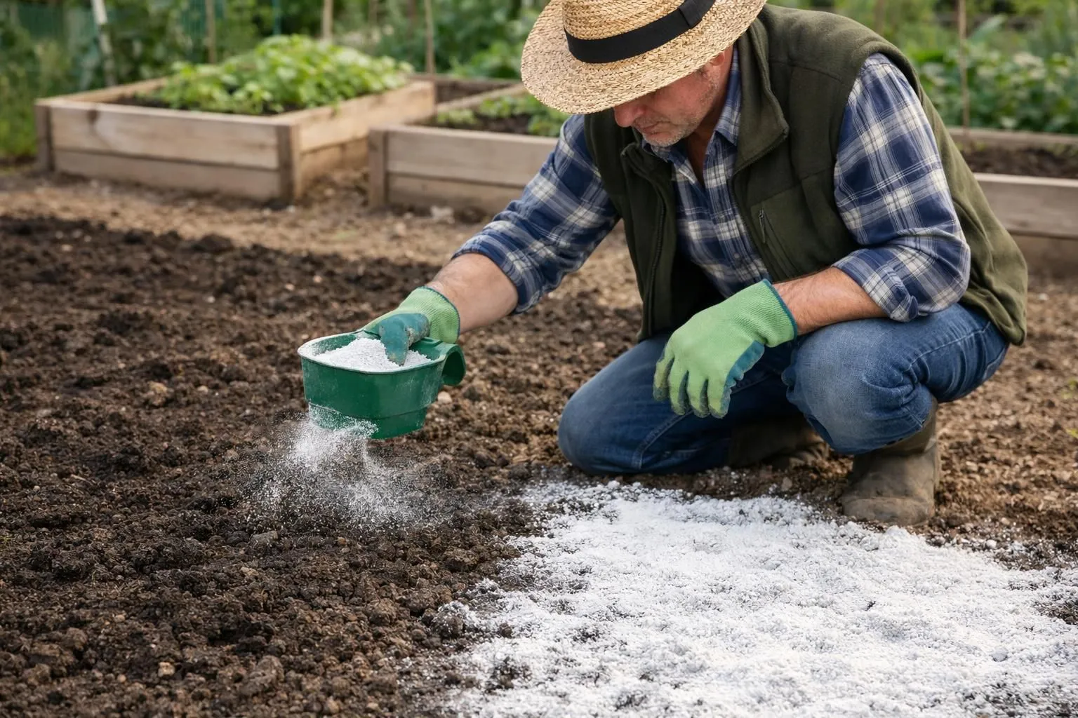 A French gardener kneeling in a vegetable garden, applying white agricultural lime powder to dark acidic soil with a hand spreader. Close-up view showing the contrast between treated and untreated soil zones. Natural morning light, realistic photography, soil texture visible, gardening gloves, professional yet accessible atmosphere, French suburban garden setting with raised beds in background.