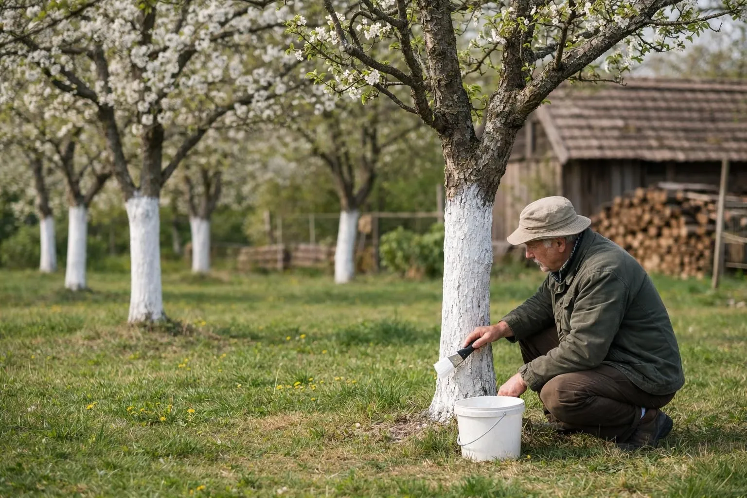 Traditional French orchard in springtime with several fruit trees showing freshly whitewashed trunks, experienced gardener in casual work clothes applying white lime coating with a large brush, wooden bucket beside him, rustic garden setting with blooming fruit trees in background, natural daylight, realistic photography style, warm spring colors, professional gardening atmosphere, detailed textures of tree bark and white lime coating, shallow depth of field focusing on the whitewashing process