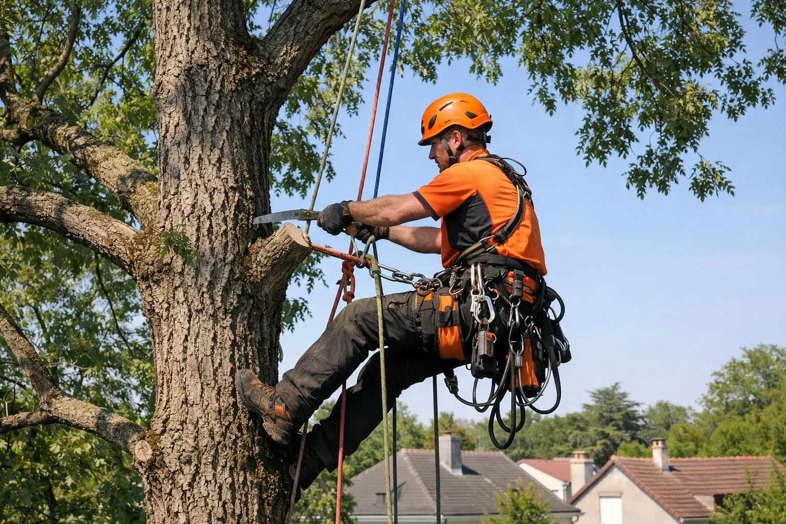 Professional arborist in orange safety harness using climbing ropes on tall deciduous tree, viewed from ground angle showing canopy structure and specialized equipment, natural morning light filtering through leaves, realistic photography style capturing technical complexity of tree work, detailed bark texture, blue sky visible through branches, professional tree care in French suburban setting, high-quality image showing scale and height challenge