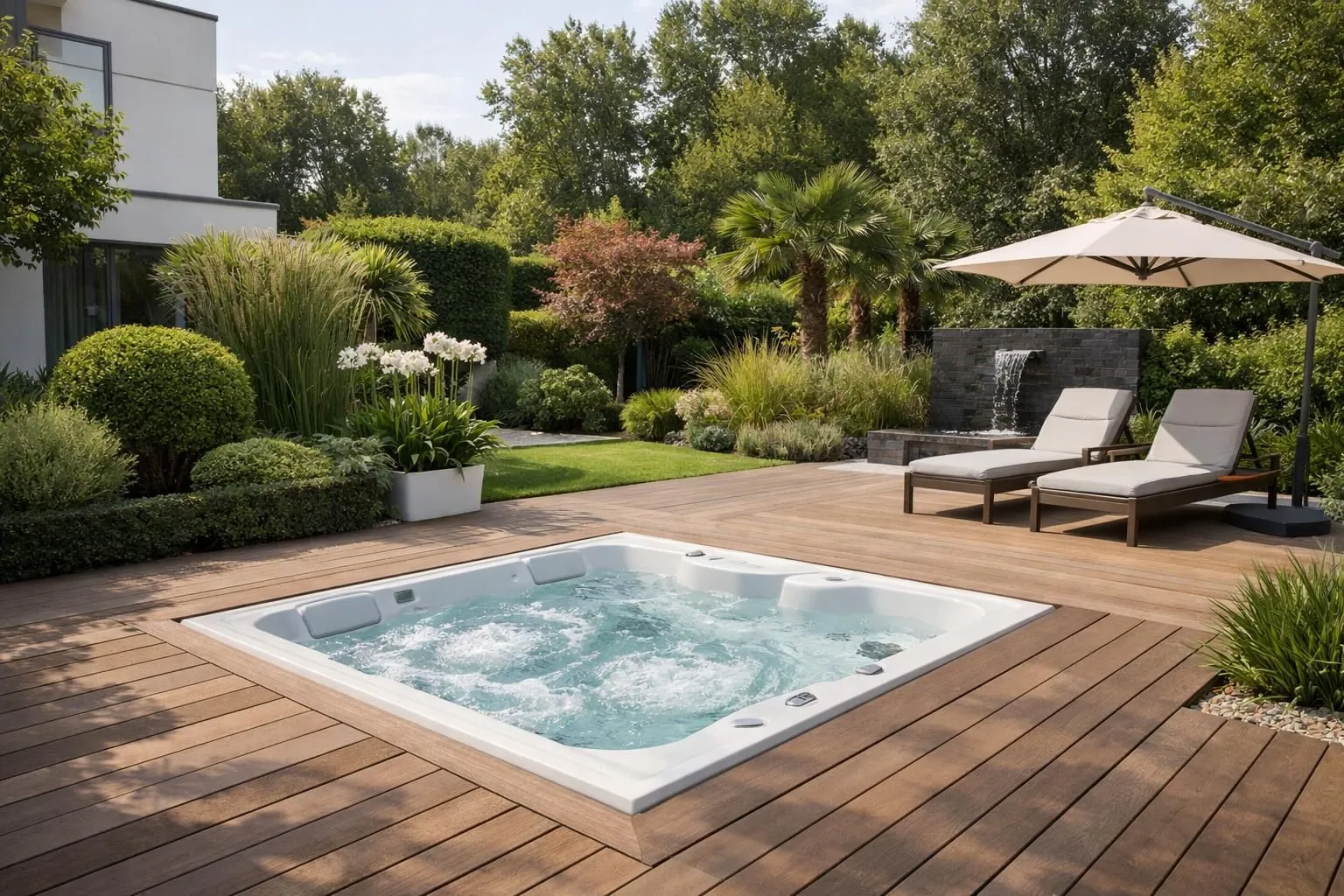 Modern French garden with partially sunken spa seamlessly integrated into wooden deck, surrounded by lush greenery and ornamental plants, natural daylight, realistic photography, elegant outdoor living space, high-end residential aesthetic, no people, ultra-detailed textures, warm inviting atmosphere