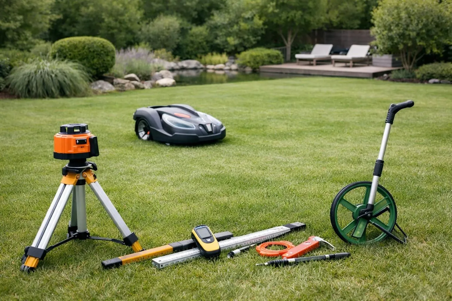 Landscaping tools, robotic lawn mower, and well-manicured garden in the background.