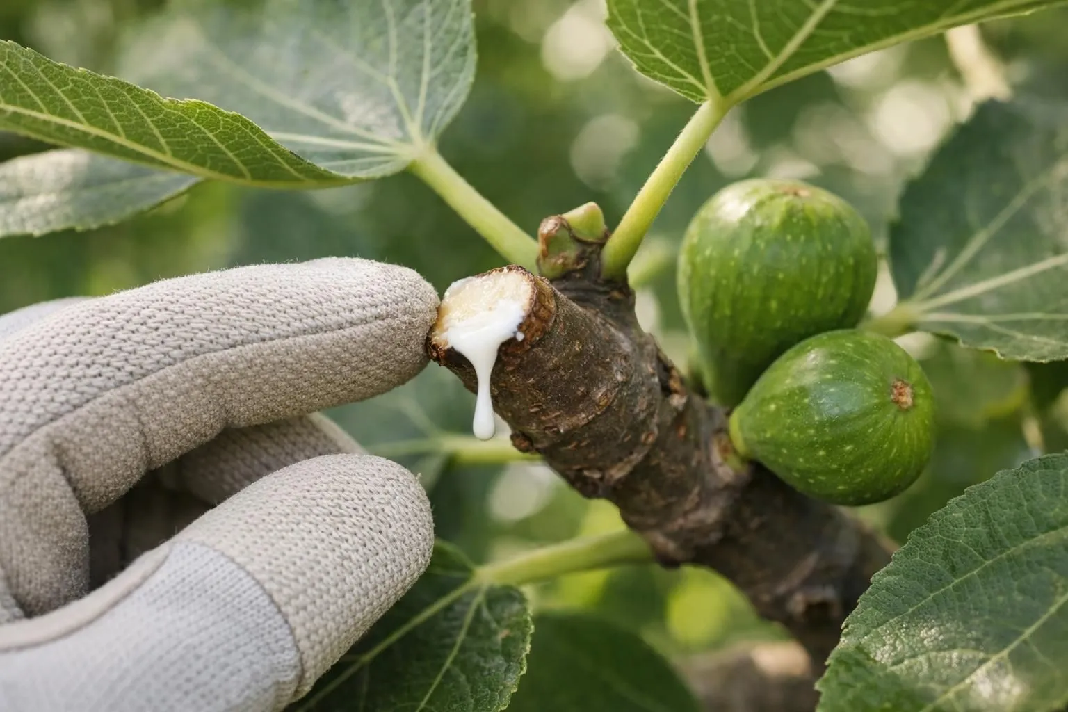 Close-up of a fig tree branch with white milky sap dripping from a cut stem, surrounded by green fig leaves and immature green figs. A gardener's gloved hand carefully touching the branch. Natural outdoor setting in a French garden, soft sunlight filtering through leaves, realistic photography, high detail, educational and informative mood, no text, no logo.