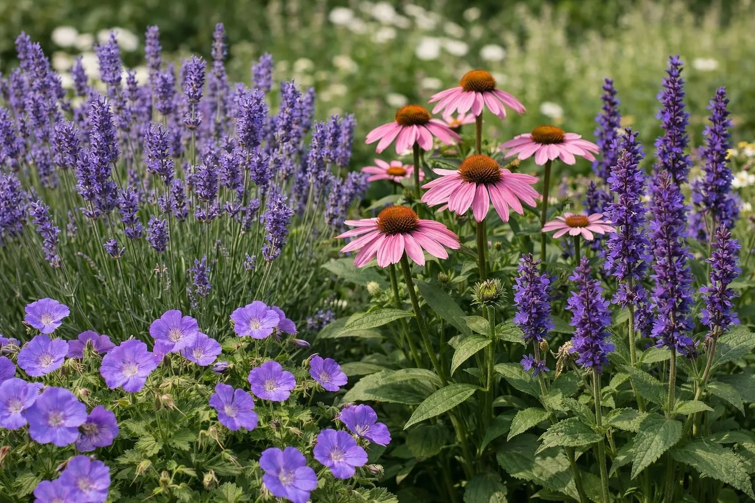 Mixed perennial flower garden in full bloom in France, showing a variety of colorful perennials at different flowering stages from spring to late summer. Close-up view of lavender, echinacea, geraniums, and salvia blooming together. Realistic photography, vibrant natural colors, soft morning light, shallow depth of field, high detail on flower petals and leaves. Professional French garden atmosphere, well-maintained borders, natural mulch visible. No text, no labels, no watermark.