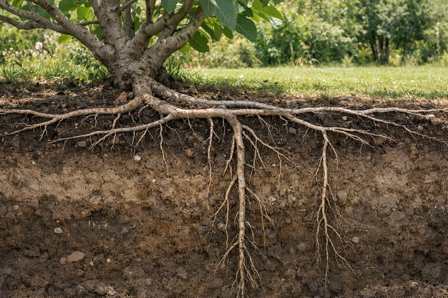 Cross-section view of fig tree root system spreading underground in garden soil, showing horizontal traçante roots extending far from trunk and vertical roots going deep, educational botanical illustration style, earthy tones, natural garden setting in France, realistic photography with partial underground view, roots visible through transparent soil layer, professional horticultural documentation aesthetic, no text or labels