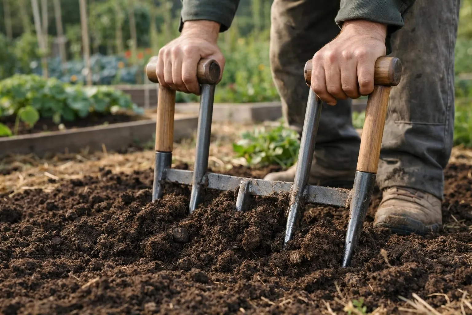Close-up of a gardener's hands using a grelinette tool in rich French garden soil, metal tines penetrating dark earth, wooden handles visible, permaculture vegetable garden in soft focus background, natural morning light, realistic photography, earthy tones, authentic gardening scene, professional quality image showing sustainable gardening practice in France, no text, no logo