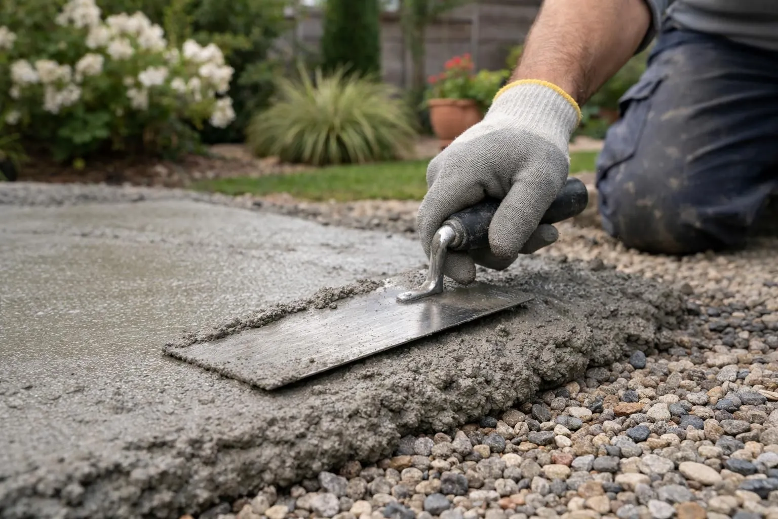 Construction worker spreading fresh concrete mortar layer over gravel base in outdoor garden setting, preparing ground for patio installation. Close-up of trowel smoothing gray cement mixture, visible aggregate texture. French suburban garden background with ornamental plants. Professional tradesman wearing work gloves, realistic photography, natural daylight, high detail, construction and landscaping context.