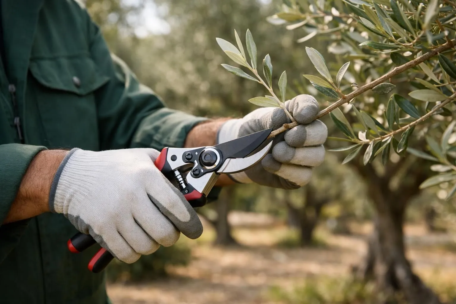 Professional gardener pruning an olive tree in a sunny French Mediterranean garden, detailed close-up of hands using premium pruning shears on silver-green olive branches, realistic photography with shallow depth of field, natural morning light filtering through leaves, well-maintained orchard setting with healthy olive trees in background, expert pruning technique visible, authentic French Provence atmosphere, no text, no logo, no watermark