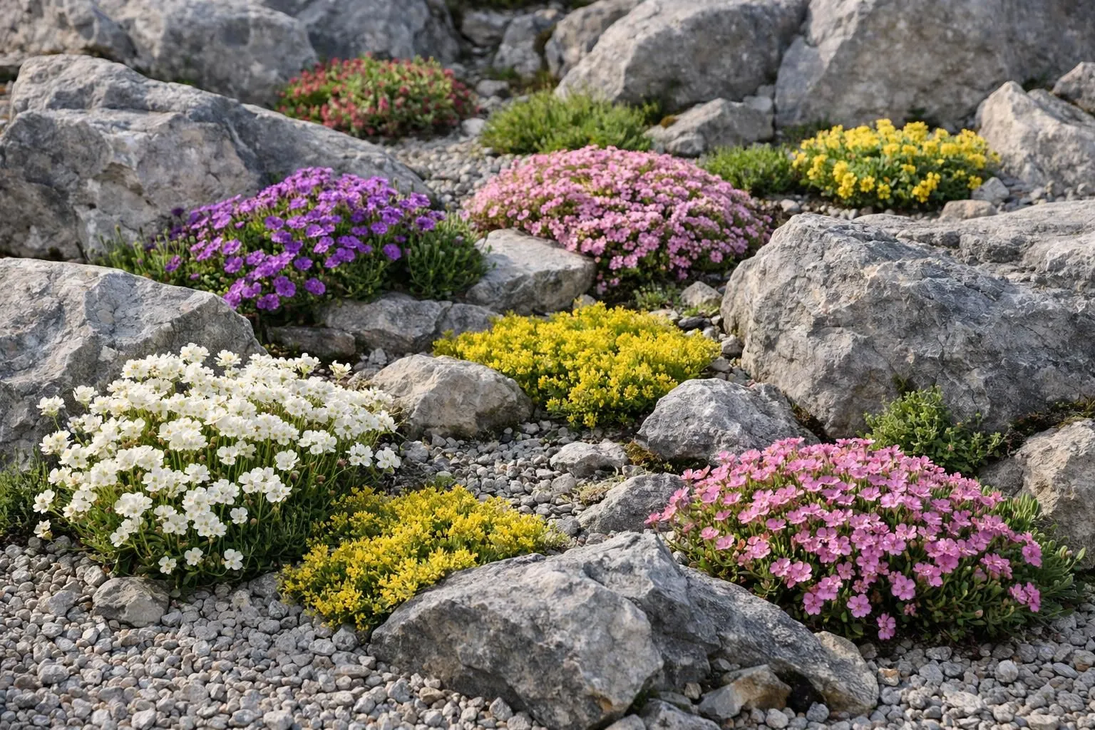 Vibrant rock garden showcasing diverse alpine flowers (pink saxifrage, yellow sedums, purple aubrieta) growing naturally between grey limestone rocks and gravel in a sunny French garden. Close-up view with shallow depth of field, natural morning light casting soft shadows, realistic photography style with ultra-detailed flower textures and stone surfaces. Professional garden design aesthetic showing how rock garden plants thrive in minimal soil between stones. No text, no logo, no watermark.