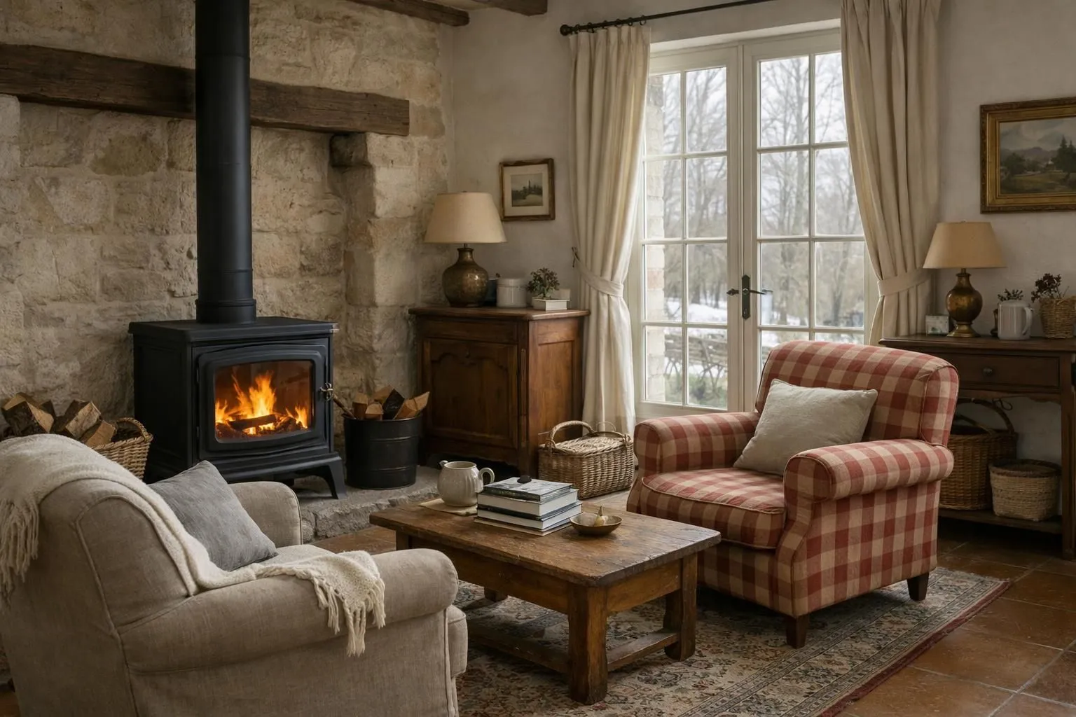 Interior of a cozy French living room with a wood-burning stove (poêle à bois), warm flames visible through the glass door, safe and well-maintained setup, comfortable armchairs nearby, clean chimney pipe, natural winter daylight, realistic photography, high detail, peaceful domestic atmosphere, French home décor, no text, no logo, no watermark.