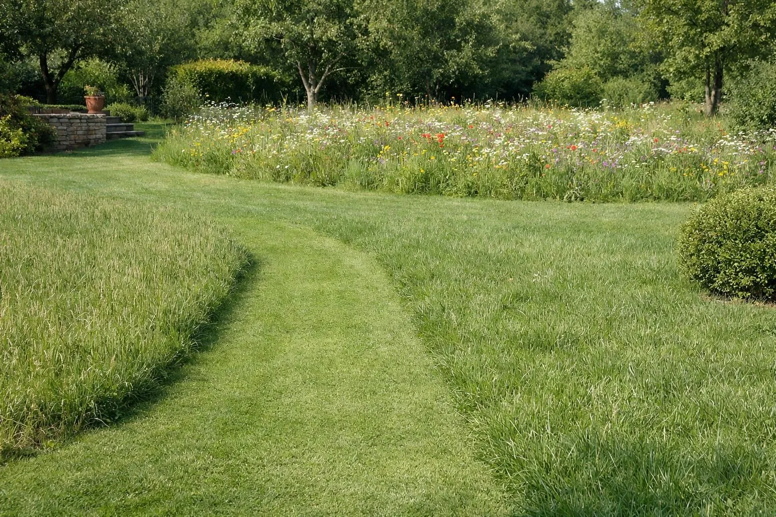 A French residential garden showcasing tonte différenciée with three distinct lawn zones: a short-cut grass path in the foreground (2-3cm height), a medium-height lawn area in the middle (8-10cm), and tall wildflower meadow sections with blooming poppies and daisies in the background (20-30cm). Natural sunlight, realistic photography style, wide-angle view showing the transition between zones, professional gardening aesthetic, lush green textures, French countryside atmosphere, no text or logos.