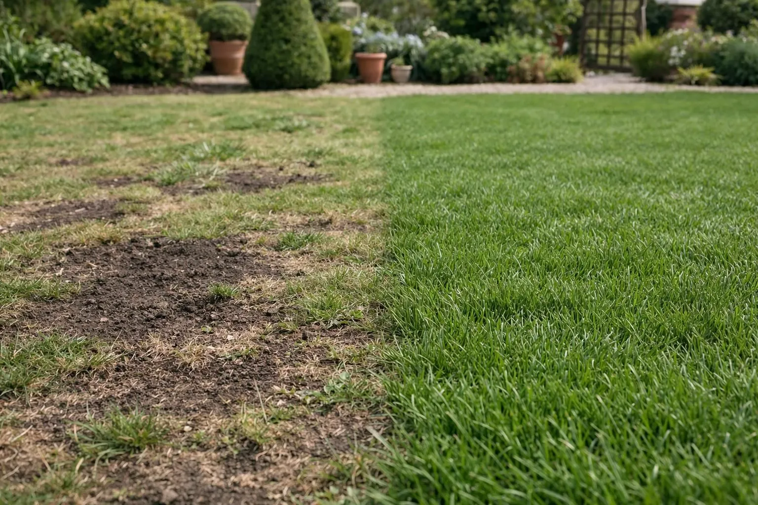 Split-screen comparison of two small lawn sections in a French garden: left side shows a sparse, patchy grass area with visible bare soil spots and weeds (under-seeded), right side displays thick, uniform, lush green grass (correctly seeded). Realistic photography, natural daylight, high detail, ground-level perspective showing grass texture, professional gardening context, no text, no labels, no people.
