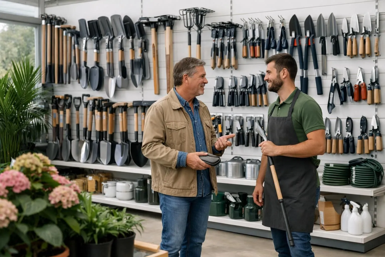 Garden center showroom in France displaying organized rows of professional gardening tools on clean white shelves, including spades, rakes, pruning shears, and wheelbarrows. Bright natural lighting through large windows, potted ornamental plants placed strategically, modern retail environment with wood accents. A customer examining a premium tool while a staff member gestures helpfully nearby. Realistic photography, shallow depth of field, inviting atmosphere, high-end gardening retail aesthetic. No text, no signage, no price tags, no watermarks.