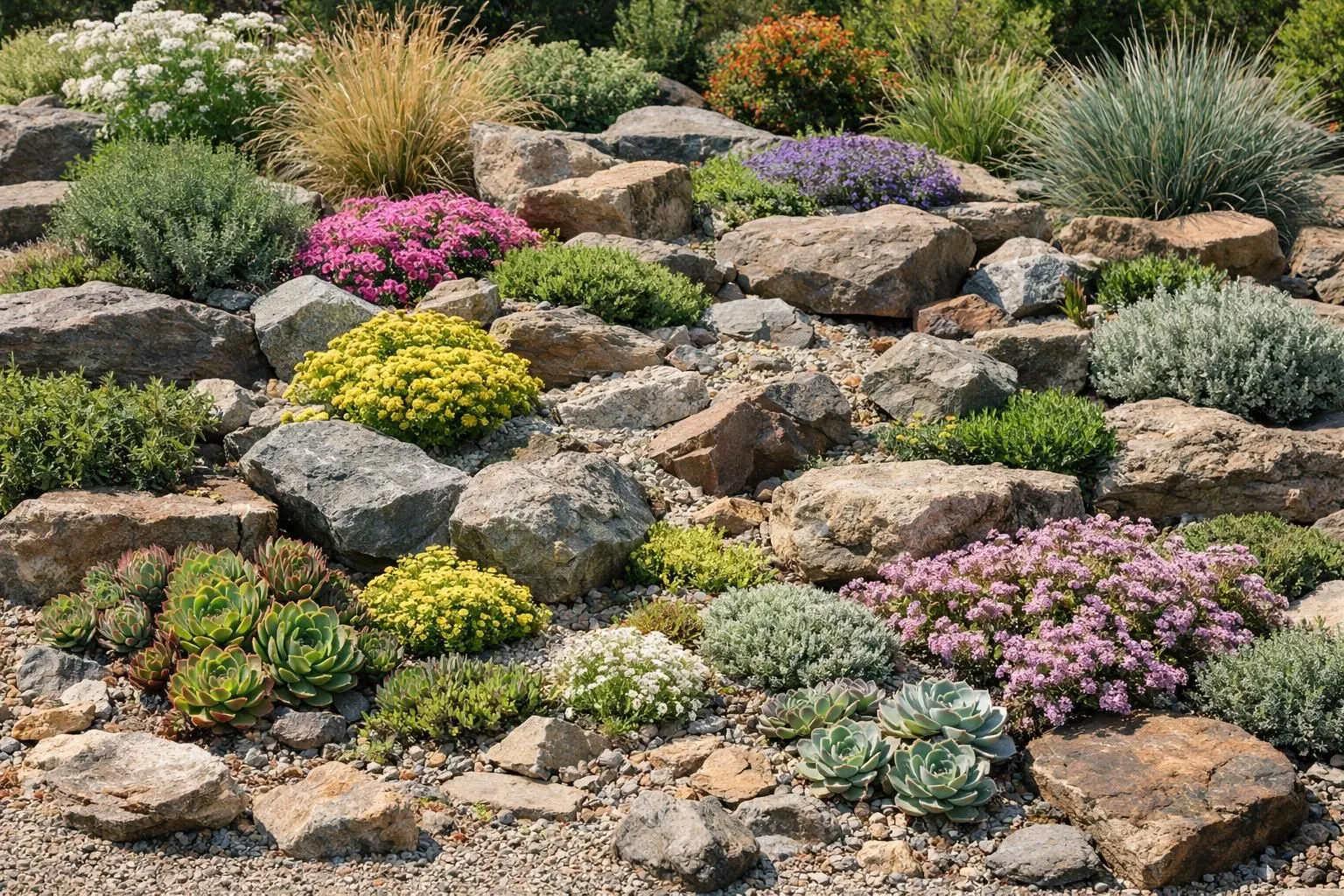 A vibrant rock garden in full bloom showcasing colorful drought-resistant alpine plants nestled between natural stone arrangements. Foreground features textured sedums with pink and golden hues, purple Armeria maritima clumps, and silvery-blue Festuca glauca ornamental grass. Mid-ground displays natural limestone rocks weathered with lichen, creating elevation levels. Background shows a modern French residential garden under bright summer sunlight with blue sky. Ultra-realistic photography, sharp focus on plant textures, shallow depth of field blurring the house behind, natural shadows cast by rocks, professional landscaping aesthetic, warm natural tones, high detail on succulent leaves and delicate flower clusters. No text, no signs, no labels.