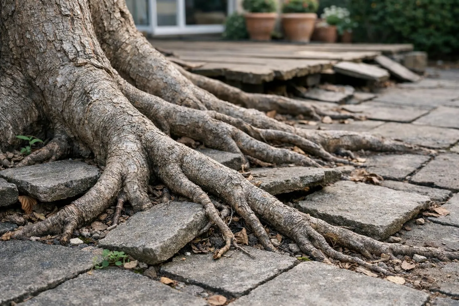 Close-up of thick fig tree roots spreading horizontally near the surface of soil in a French garden, roots visible breaking through garden paving stones, realistic photography showing the invasive nature of fig roots, natural daylight, detailed bark texture, suburban garden setting with damaged terrace in background, professional horticultural documentation style, no text, no watermark