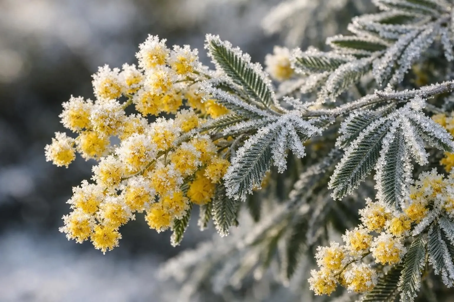 Close-up of frost-covered mimosa branches in a French winter garden, showing resilient foliage structure with ice crystals on yellow pompom flowers and silvery-green leaves, natural morning light, realistic photography, shallow depth of field, high detail, elegant botanical aesthetic, no text