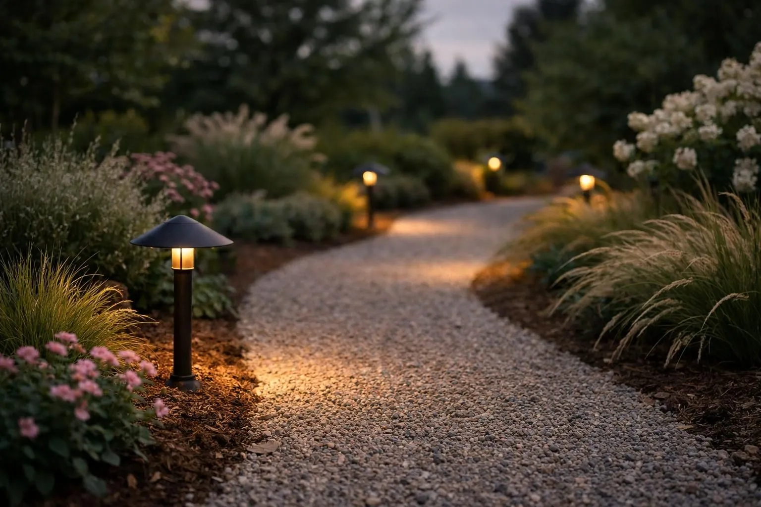 Modern LED path lights illuminating a curved garden walkway at dusk in a French suburban garden. Warm amber light fixtures embedded along a gravel path, surrounded by ornamental grasses and flowering shrubs. Natural twilight atmosphere with deep blue sky, realistic photography style, shallow depth of field focusing on elegant metal light fixtures, premium garden design aesthetic, no text, no logos, no watermarks.