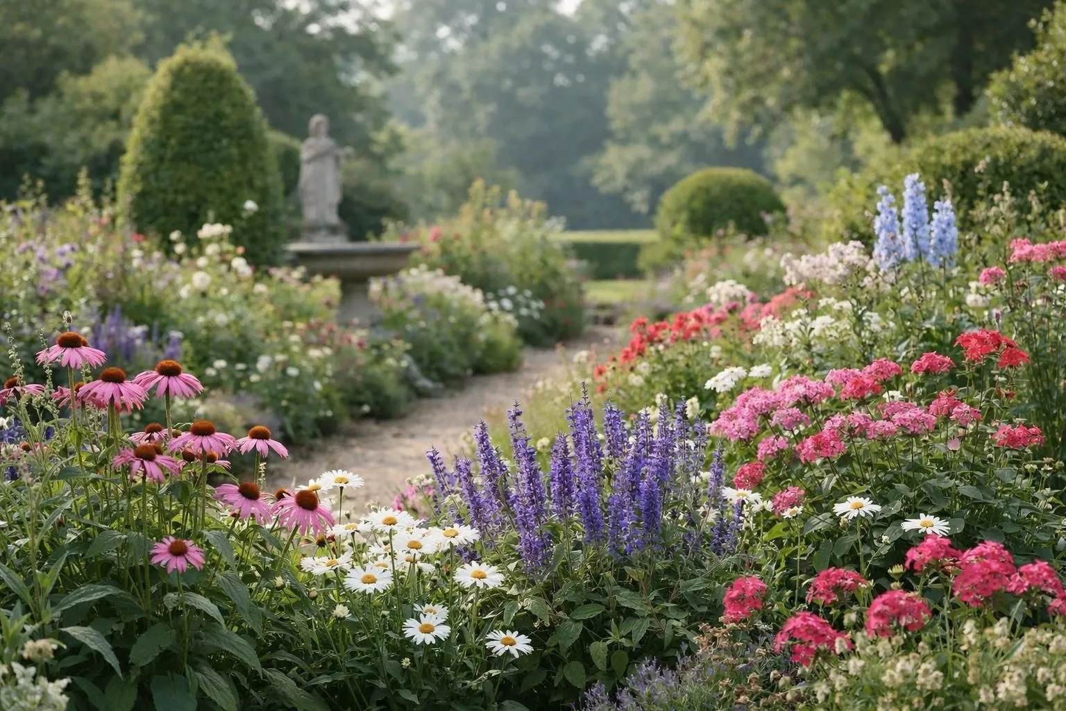 Vibrant French garden bed filled with blooming perennial flowers in multiple colors (purple salvias, pink echinacea, yellow rudbeckia), healthy green foliage, natural garden setting with stone border, soft morning sunlight filtering through, realistic photography, shallow depth of field, detailed plant textures, lush and well-established perennials showing natural growth patterns, peaceful French suburban garden atmosphere
