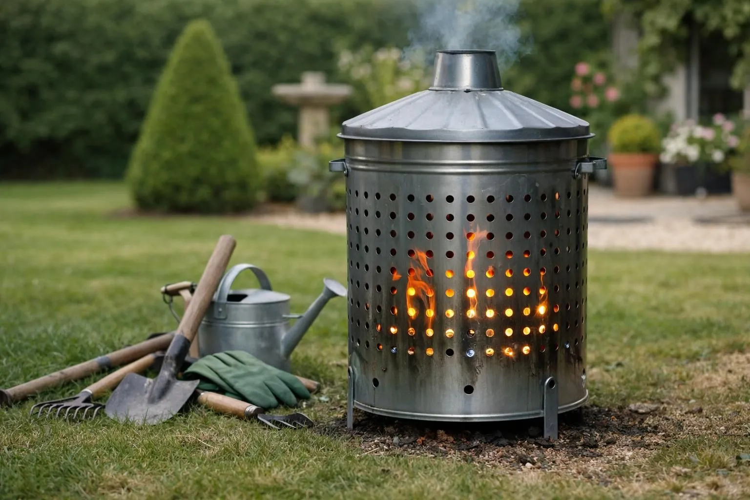 Modern cylindrical metal garden incinerator actively burning dry leaves and small branches in a well-maintained French garden, realistic flames visible inside perforated barrel, gardening gloves and rake placed nearby on grass, natural daylight, professional photography, shallow depth of field, practical outdoor tool in use