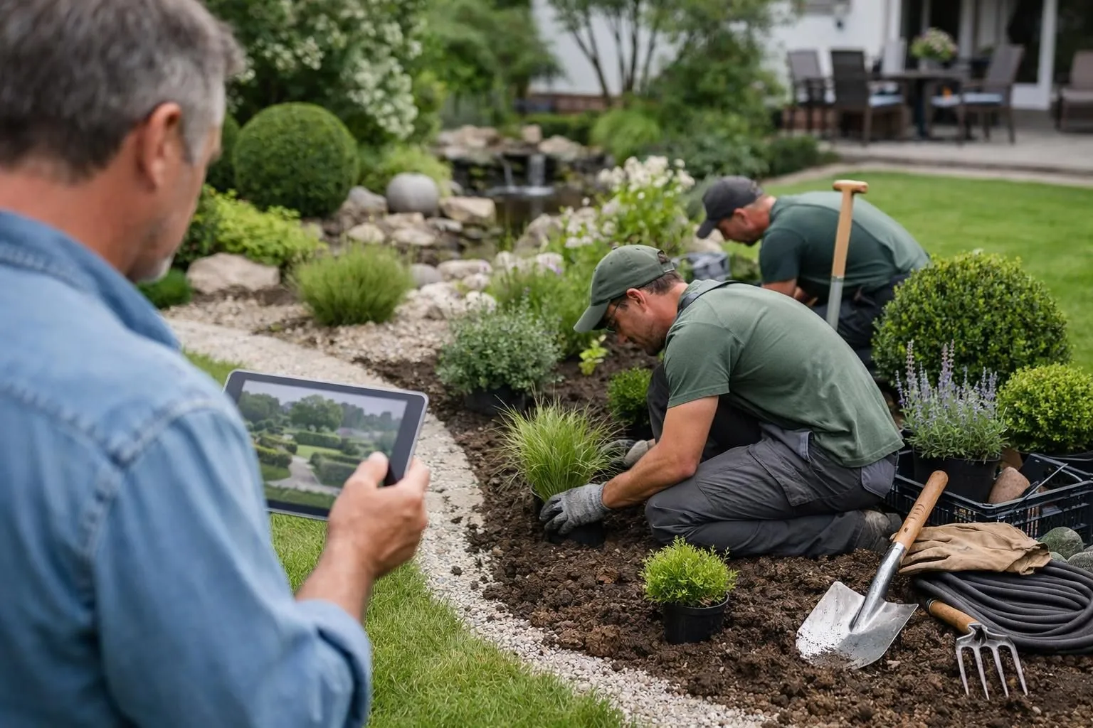 Split-screen view of a French suburban garden: left side shows a homeowner with a tablet displaying a 3D garden design software, right side shows the same garden being transformed with workers planting according to the digital plan. Natural daylight, realistic photography style, professional landscaping tools visible, ornamental plants and shrubs being positioned, organized and methodical atmosphere, high-quality lifestyle scene, shallow depth of field focusing on the tablet screen and planting activity. No text, no logo, no watermark.
