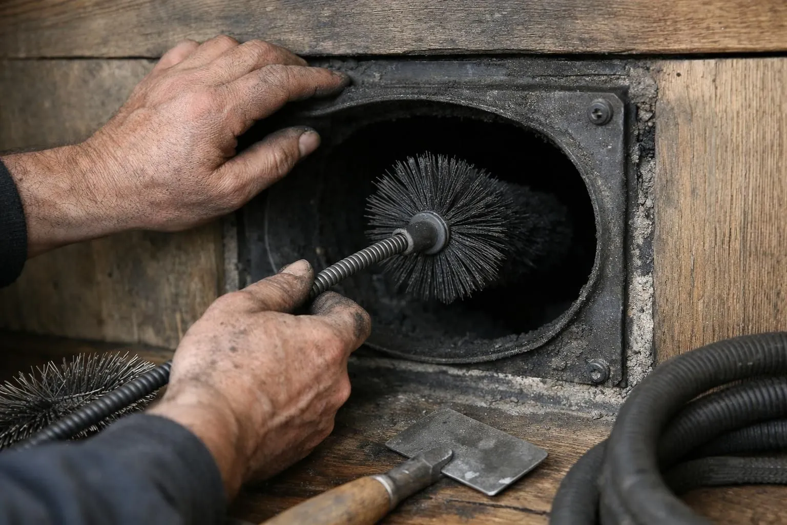 Hands using a brush to clean a circular vent.