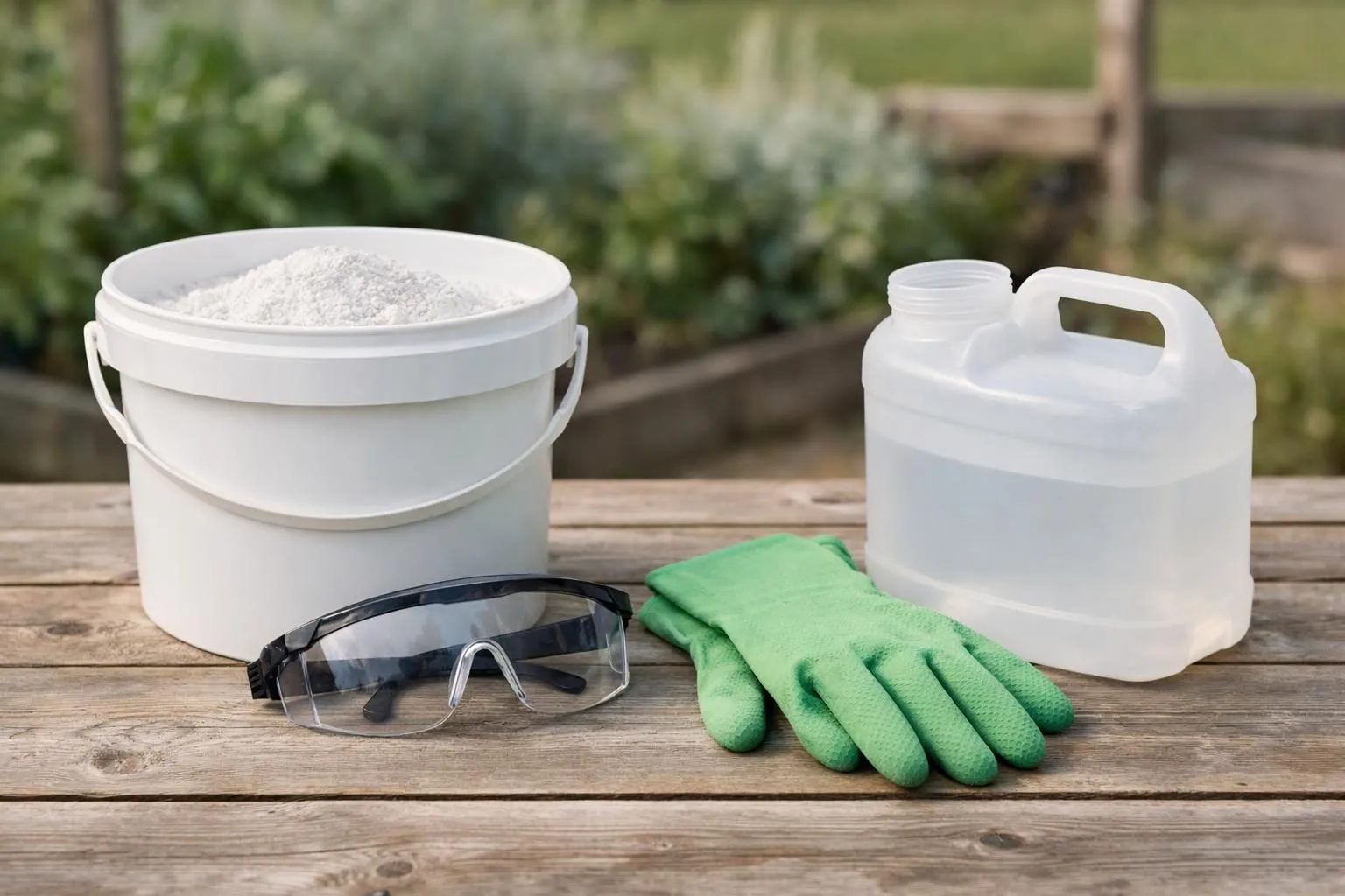 Cleaning supplies, including a bucket, gloves, and safety goggles, on a wooden surface.