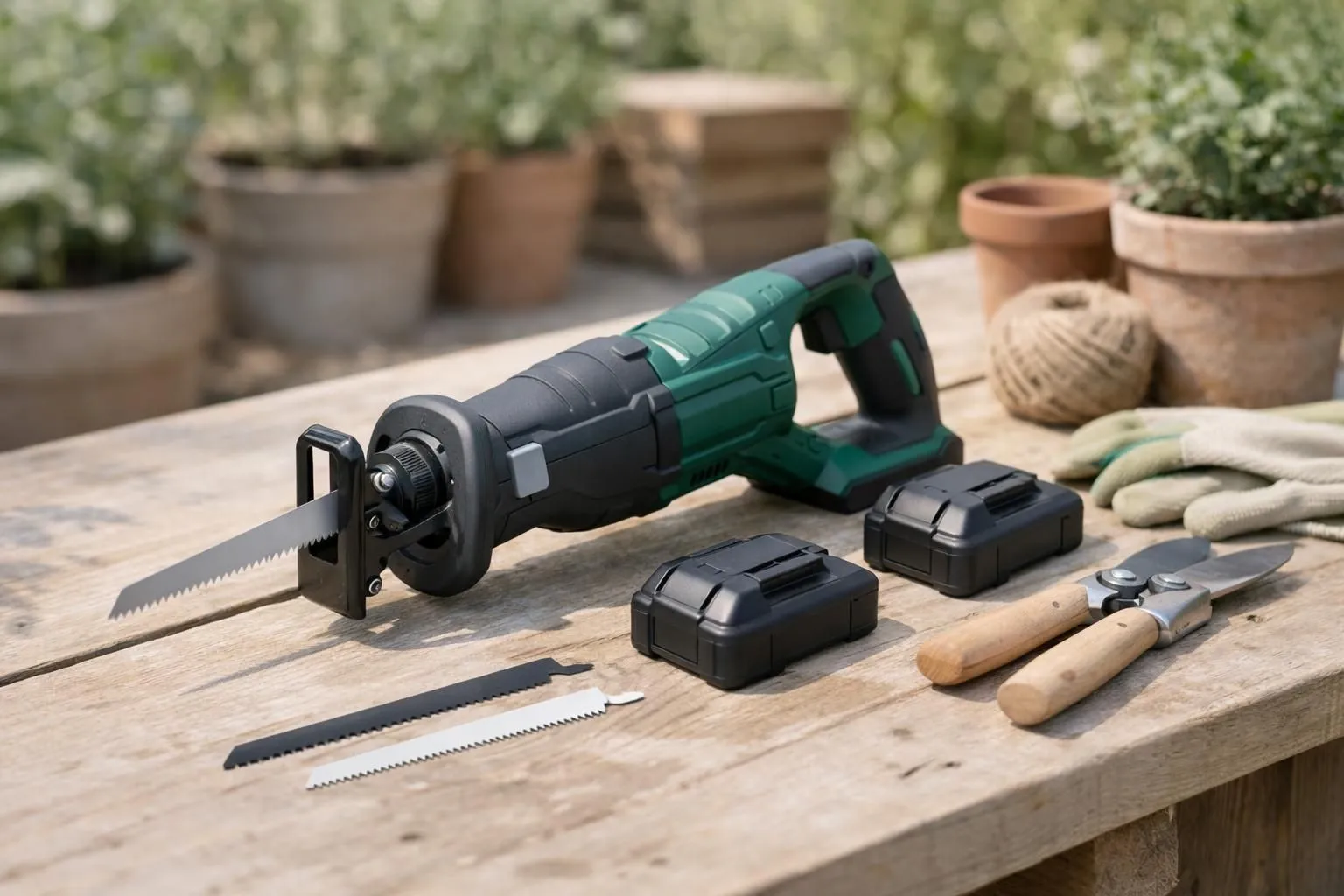 Cordless power saw, batteries, and gardening tools on wooden surface.