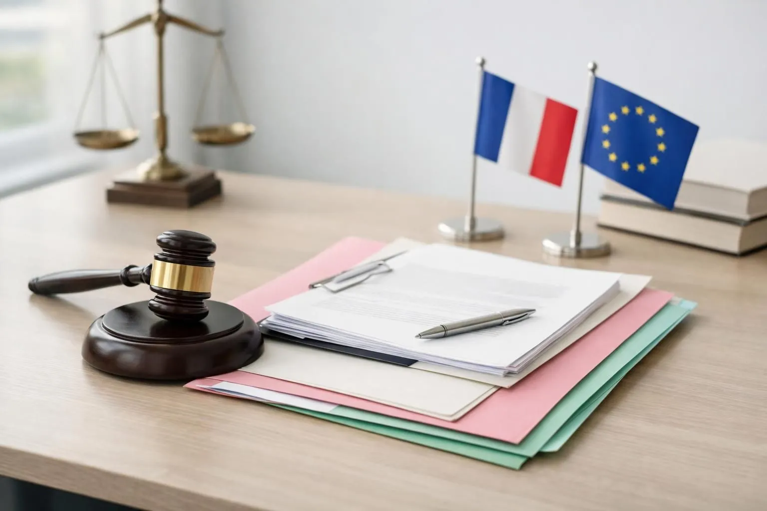 Scales of justice, legal documents, French and EU flags.