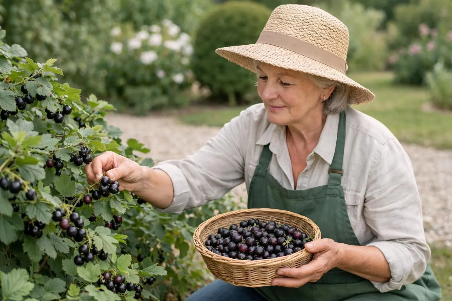 Elderly woman harvesting ripe blackcurrants in a garden.
