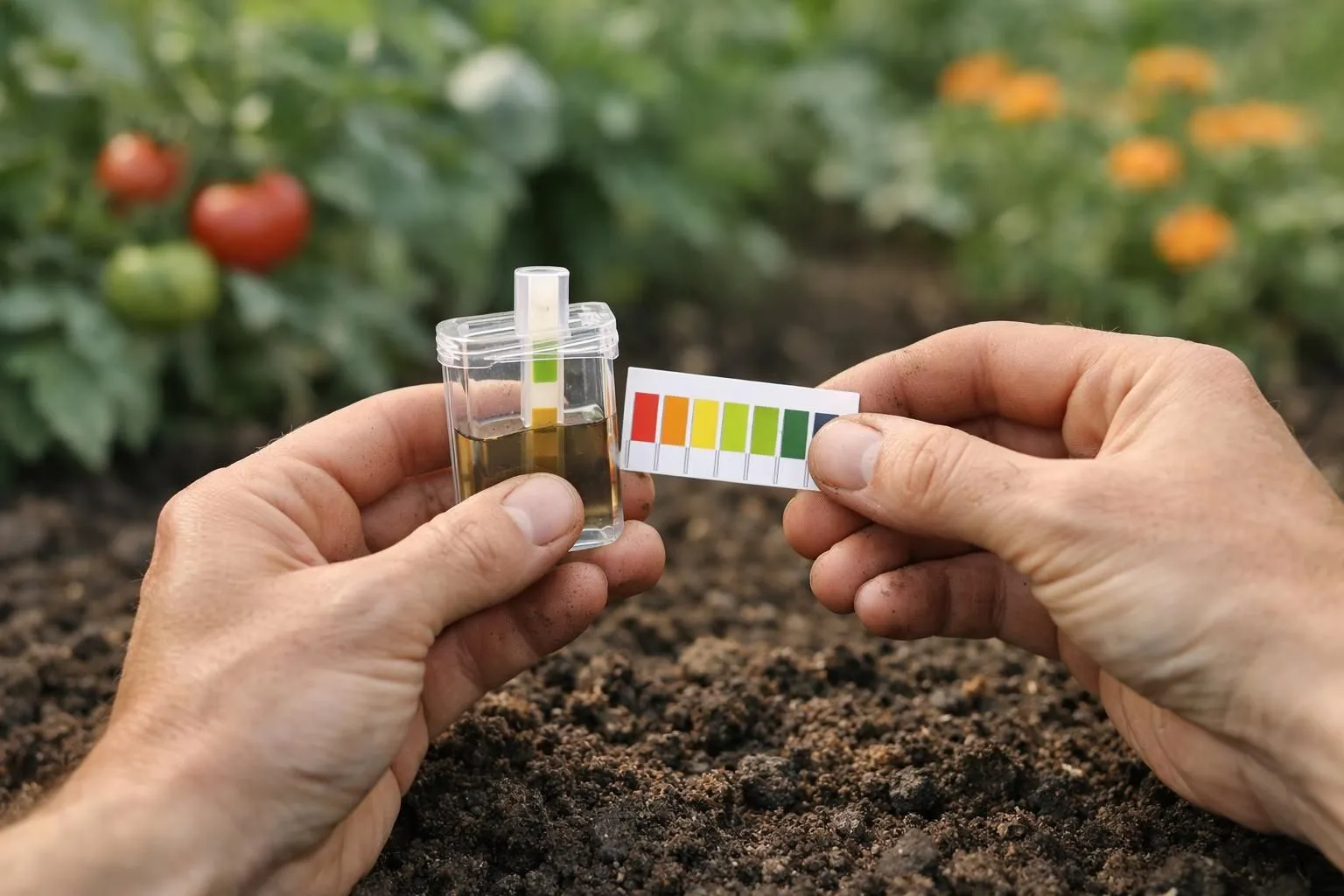 Close-up of hands holding a professional soil pH testing kit in a French vegetable garden, natural morning light, detailed texture of rich dark soil, testing strips showing color comparison chart, realistic photography, shallow depth of field, professional gardening scene, authentic French potager atmosphere with blurred vegetable plants in background, high-end lifestyle aesthetic, natural earthy tones