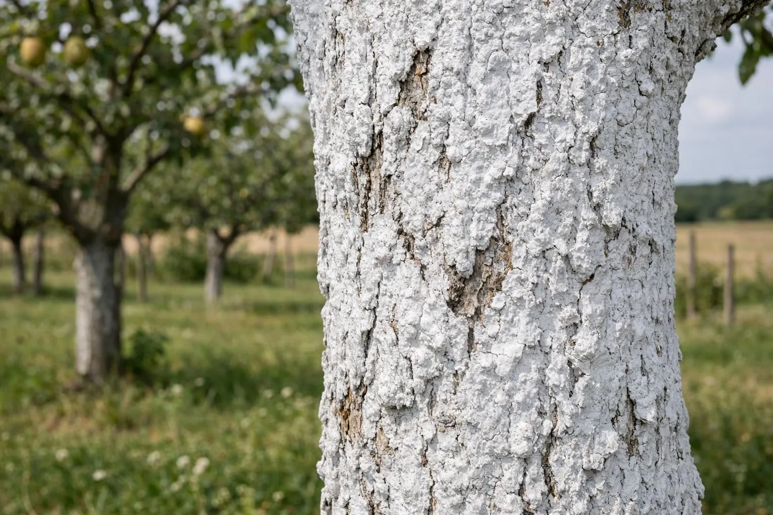 Close-up of healthy fruit tree trunk with white lime coating application, showing protective white layer on dark bark, small orchard setting in French countryside, natural daylight, realistic photography style, detailed bark texture visible through coating, professional gardening scene, no text