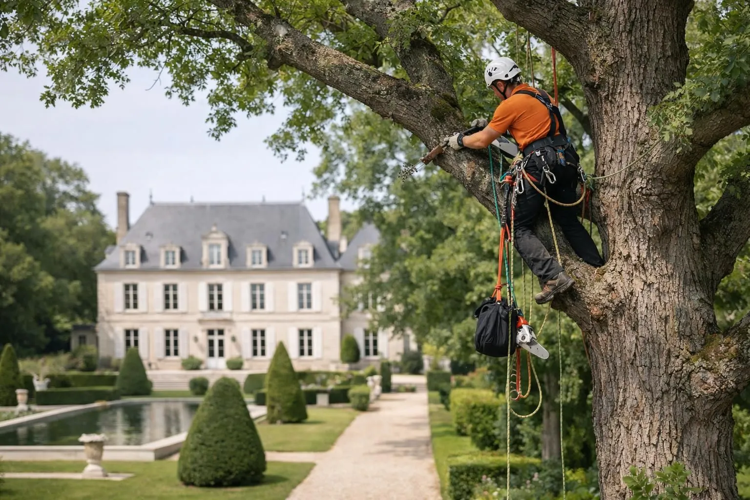 Professional arborist using specialized equipment to prune a very tall mature tree in a French residential garden, showing scale comparison between small ornamental tree in foreground and towering oak in background. Wide-angle view capturing house for height perspective, safety equipment visible, natural daylight, realistic photography style with shallow depth of field. Elegant French suburban setting with well-maintained lawn and mixed vegetation. No text, no numbers, no labels, no watermark.