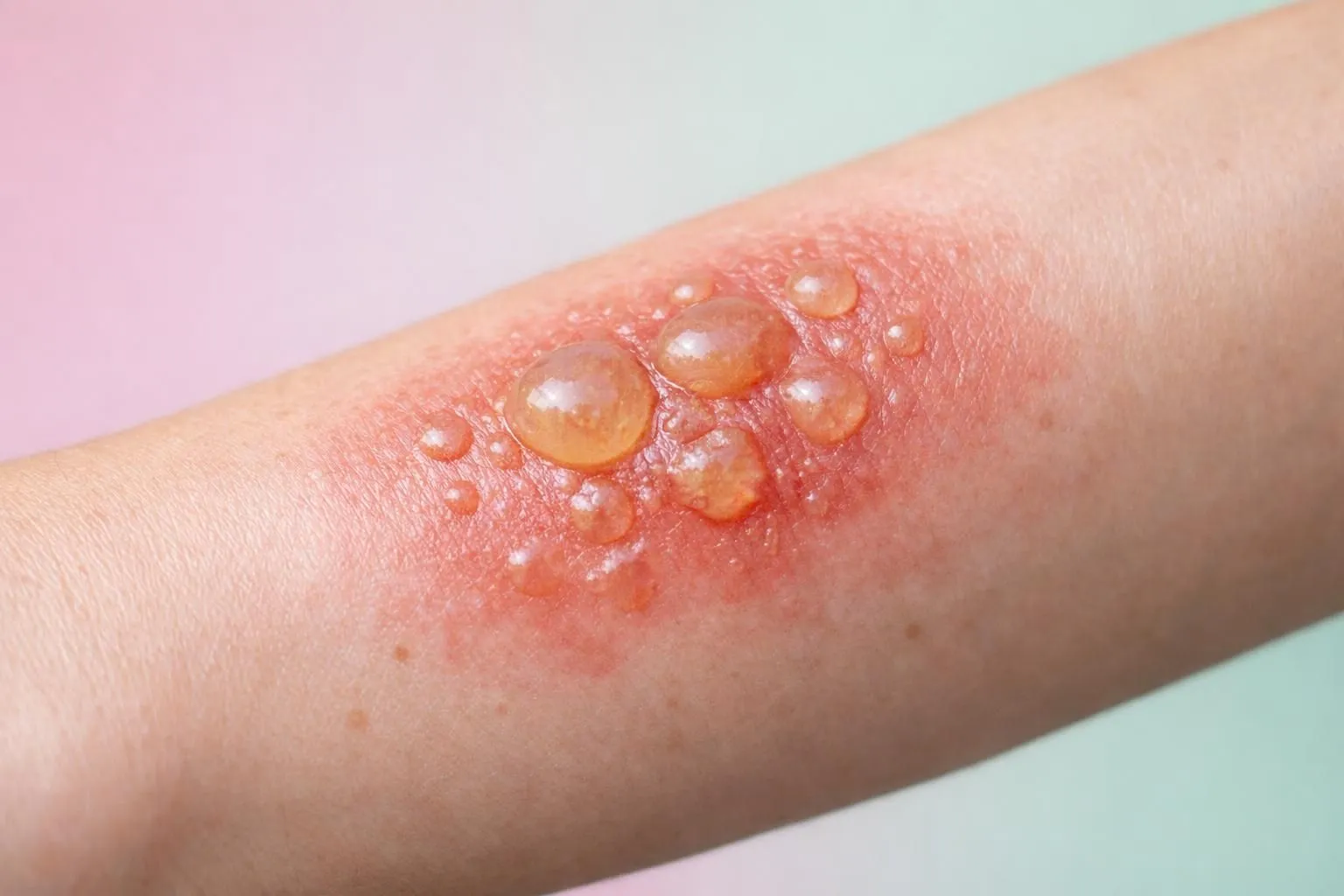 Inflamed, blistered skin with amber-colored fluid droplets.