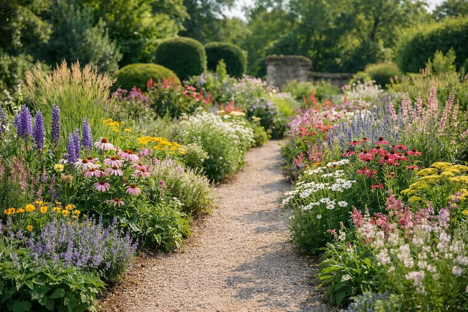 A vibrant French garden featuring multiple perennial flower beds in full bloom across different seasons, with geraniums, lavender, and echinacea creating colorful layers. A well-maintained garden path winds through the diverse plantings, showcasing the continuous flowering effect. Natural sunlight illuminates the healthy, established perennial plants with visible root systems and thick foliage. Realistic garden photography style with shallow depth of field, capturing the biodiversity and sustainable beauty of a low-maintenance French perennial garden. No text, no logo, no watermark.