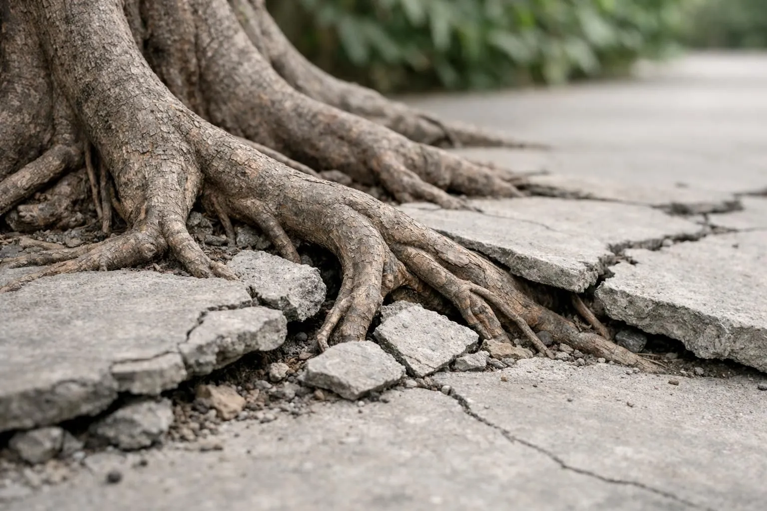 Gnarled tree roots spreading across cracked, weathered ground.