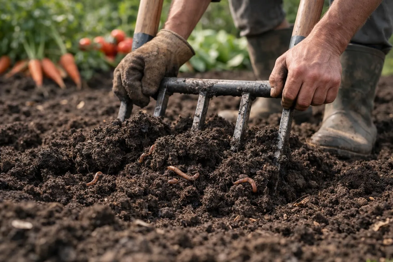 Close-up of a gardener's hands using a two-handled garden fork (grelinette) to aerate rich dark soil in a French vegetable garden, visible earthworms and healthy soil structure, garden vegetables in soft-focus background, morning natural light, ultra-detailed realistic photography, shallow depth of field, professional gardening lifestyle aesthetic, no text