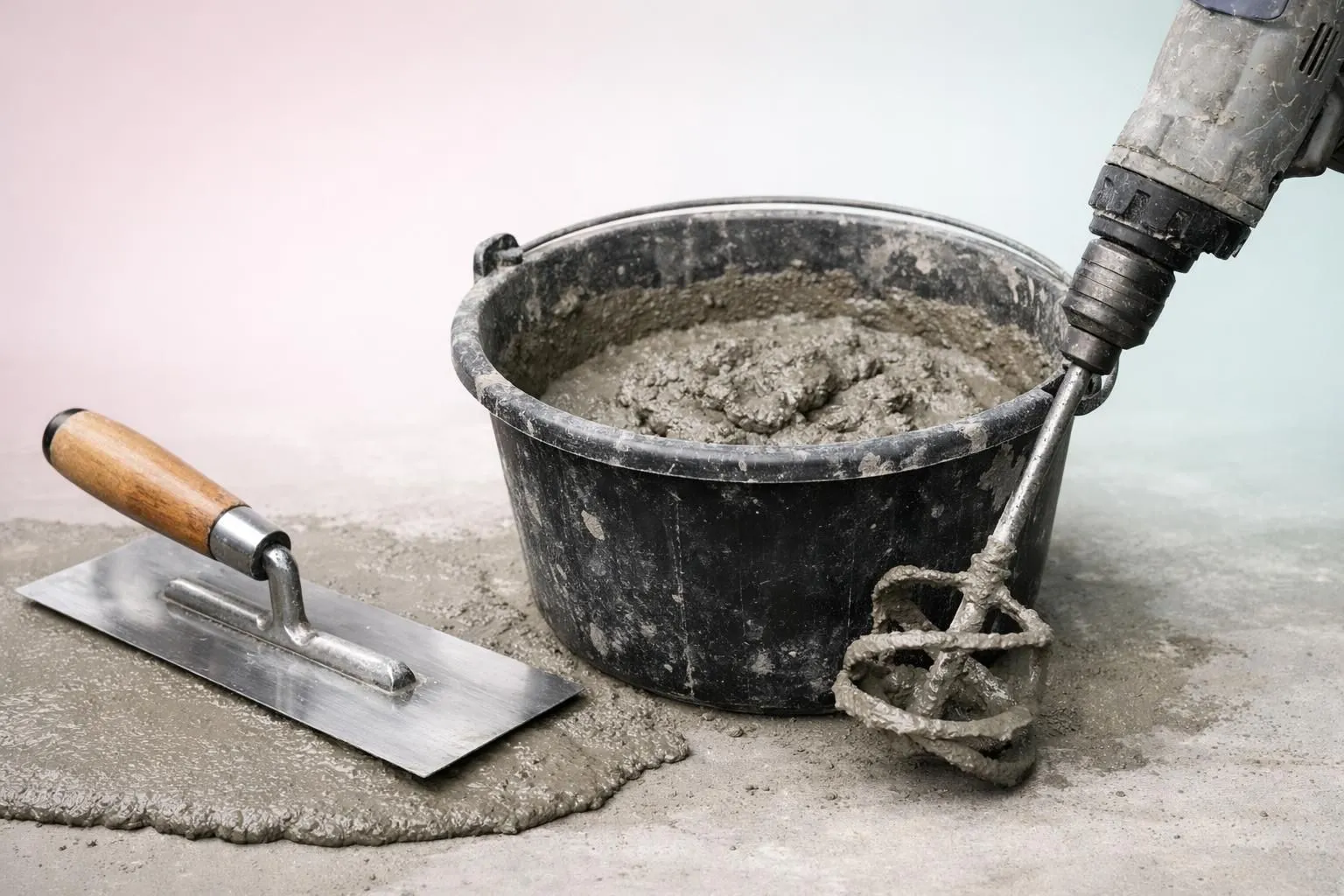 Bucket of cement, trowel, and construction materials on concrete surface.
