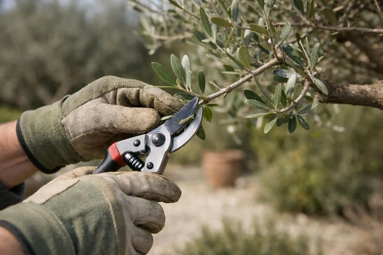 Gardening expert wearing work gloves carefully pruning an olive tree in late winter, visible olive branches with small green leaves, professional pruning shears cutting a branch, French Mediterranean garden setting, soft February sunlight, realistic photography, natural colors, shallow depth of field focusing on hands and pruning action, authentic gardening work scene, no text