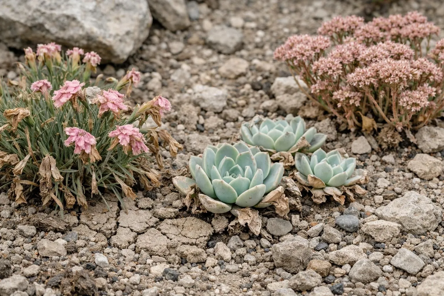 Vibrant pink flowers, lush green succulents, and rocky terrain.