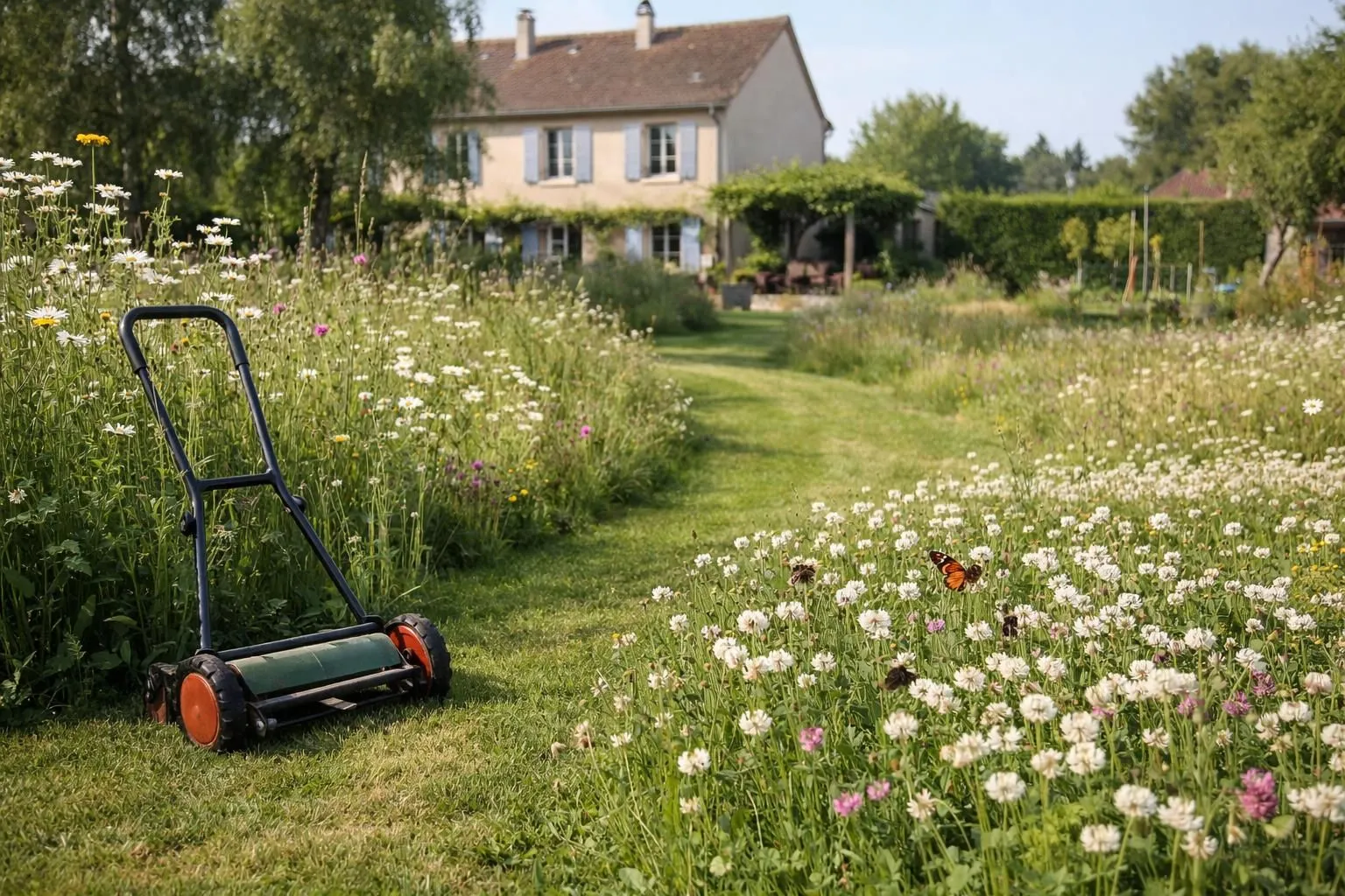A French suburban garden showcasing differentiated mowing zones with varied grass heights, a manual push mower resting near tall wildflowers, bees and butterflies pollinating blooming clover patches, natural meadow aesthetic contrasting with neatly trimmed lawn paths, soft morning sunlight filtering through trees, eco-friendly gardening lifestyle, realistic photography, shallow depth of field, vibrant green and yellow tones, high detail textures on grass and insects, trustworthy and peaceful atmosphere.