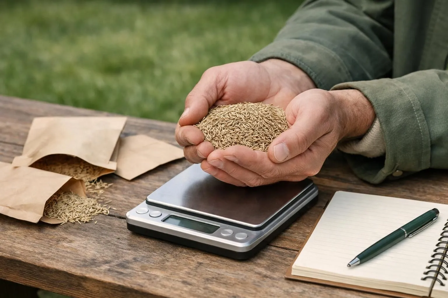 Main d'un jardinier professionnel français tenant une poignée de graines de gazon, avec une balance de précision numérique posée sur une table de jardin en bois. À côté, plusieurs sachets de graines étiquetés et un carnet de notes avec des calculs de surface. Ambiance lumineuse naturelle d'un matin de printemps, arrière-plan flou montrant une pelouse en préparation. Photographie réaliste, détails ultra-précis, style lifestyle premium, tonalités vertes et terreuses.