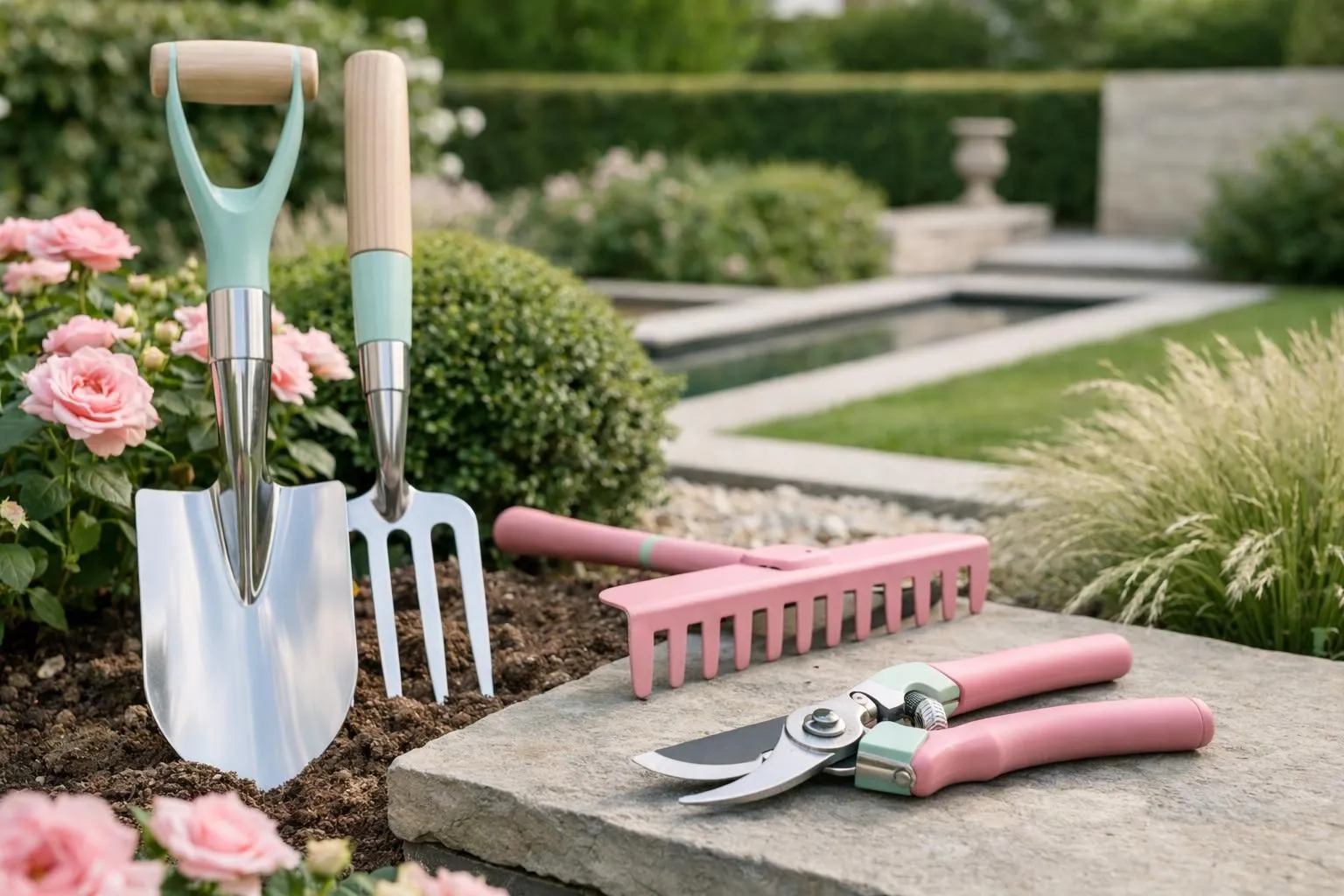 Gardening tools, pink roses, lush greenery, stone path, tranquil setting.