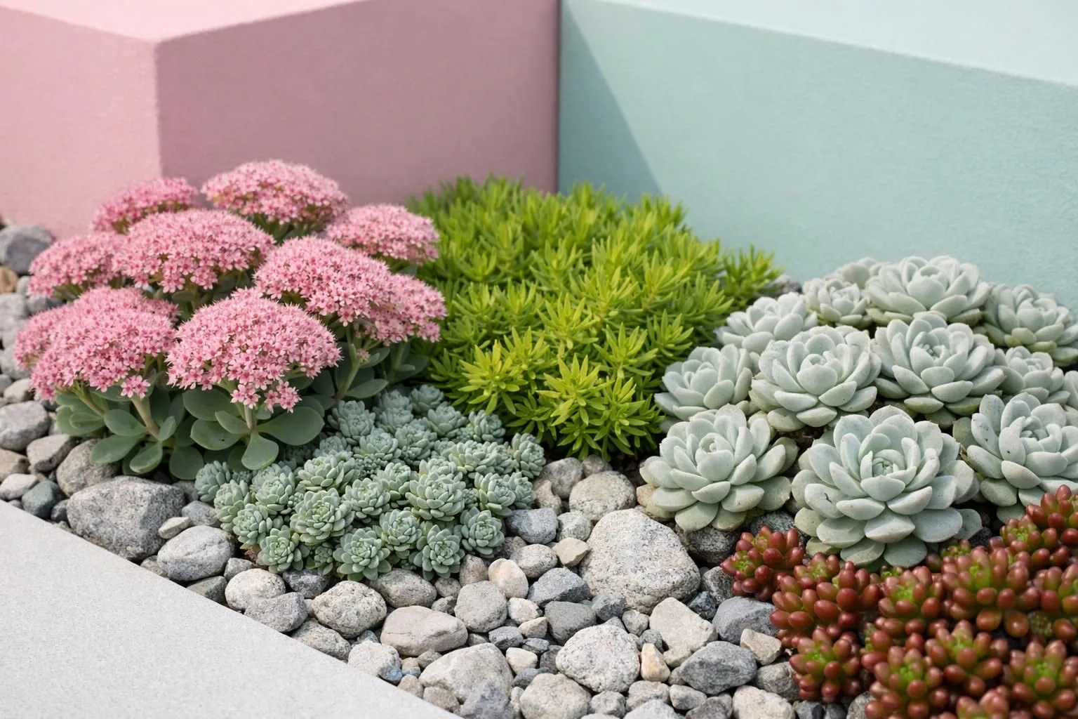 Vibrant succulents, lush greenery, and colorful flowers in a rock garden.