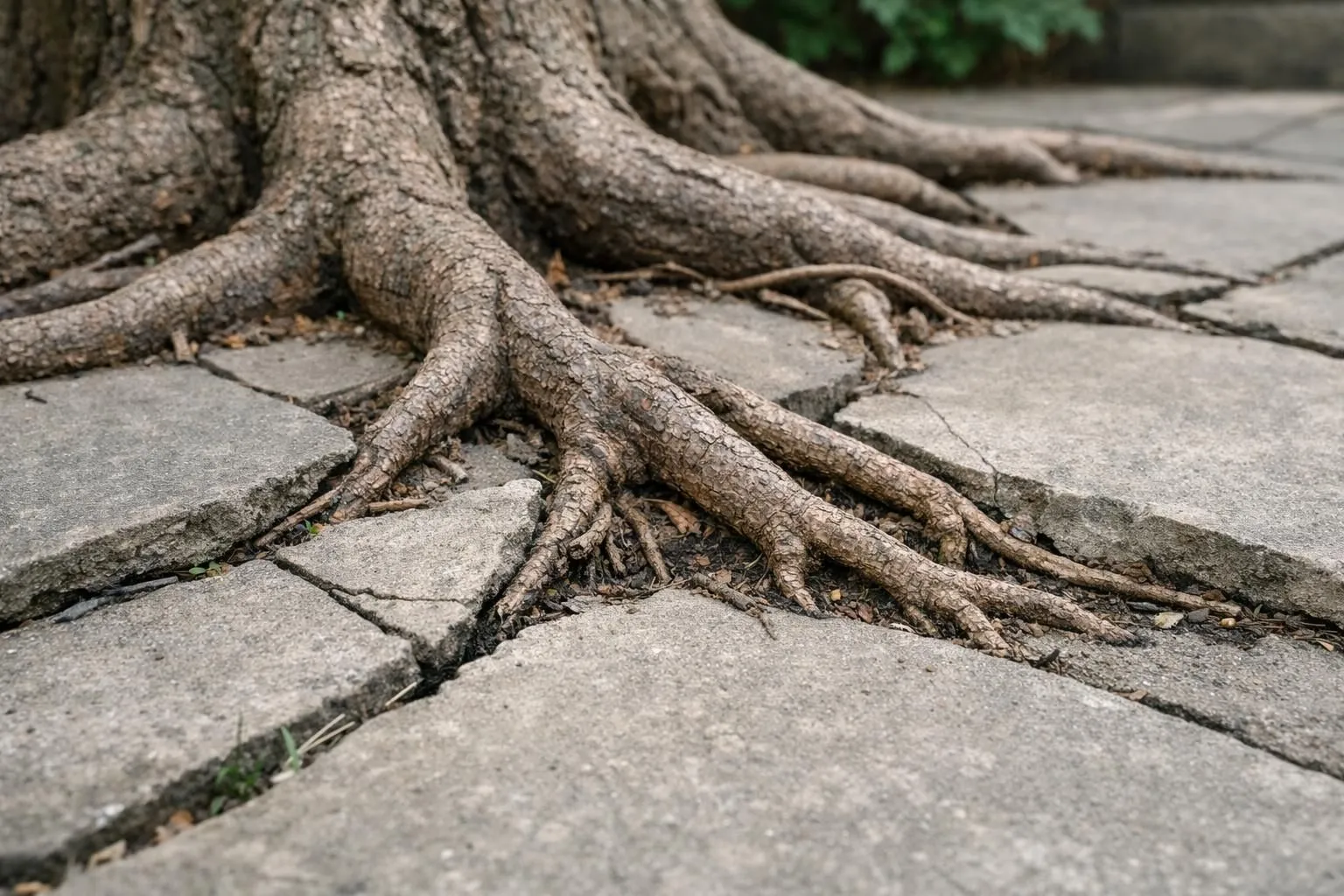 Gnarled tree roots sprawling across a concrete surface.