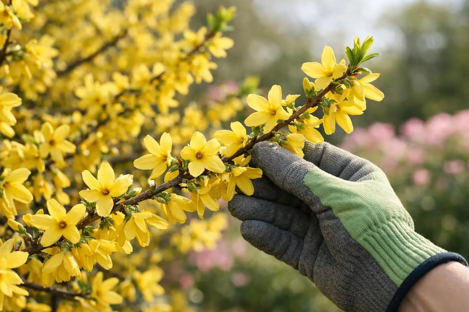 Close-up of bright yellow forsythia flowers in full bloom on branches against a soft-focus French garden background, with a gardener's gloved hand gently holding a flowering branch, natural morning light, realistic photography, ultra-detailed flower texture, professional gardening atmosphere, trustworthy and expert mood, high-end lifestyle aesthetic