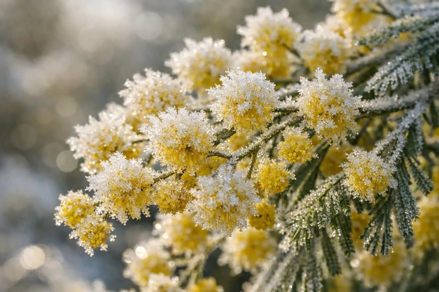Close-up of frost-covered yellow mimosa flowers (Acacia dealbata) blooming on branches in a winter garden, morning sunlight creating sparkles on ice crystals, realistic botanical photography, shallow depth of field, detailed flower textures, natural golden light, French garden setting with subtle frost on ground, no text or watermarks