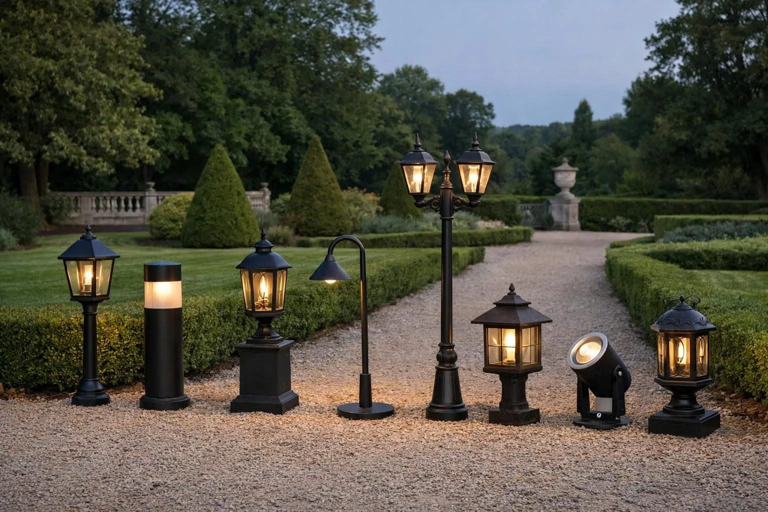 Collection of eight different outdoor path lighting fixtures displayed in an elegant French garden setting at dusk, including modern bollards, recessed spotlights, solar lanterns, wall-mounted fixtures, and decorative string lights. Each type clearly visible along a well-maintained garden path with ornamental plants. Realistic photography, natural twilight lighting, premium quality fixtures, French garden aesthetic, no text, no labels, no watermark.
