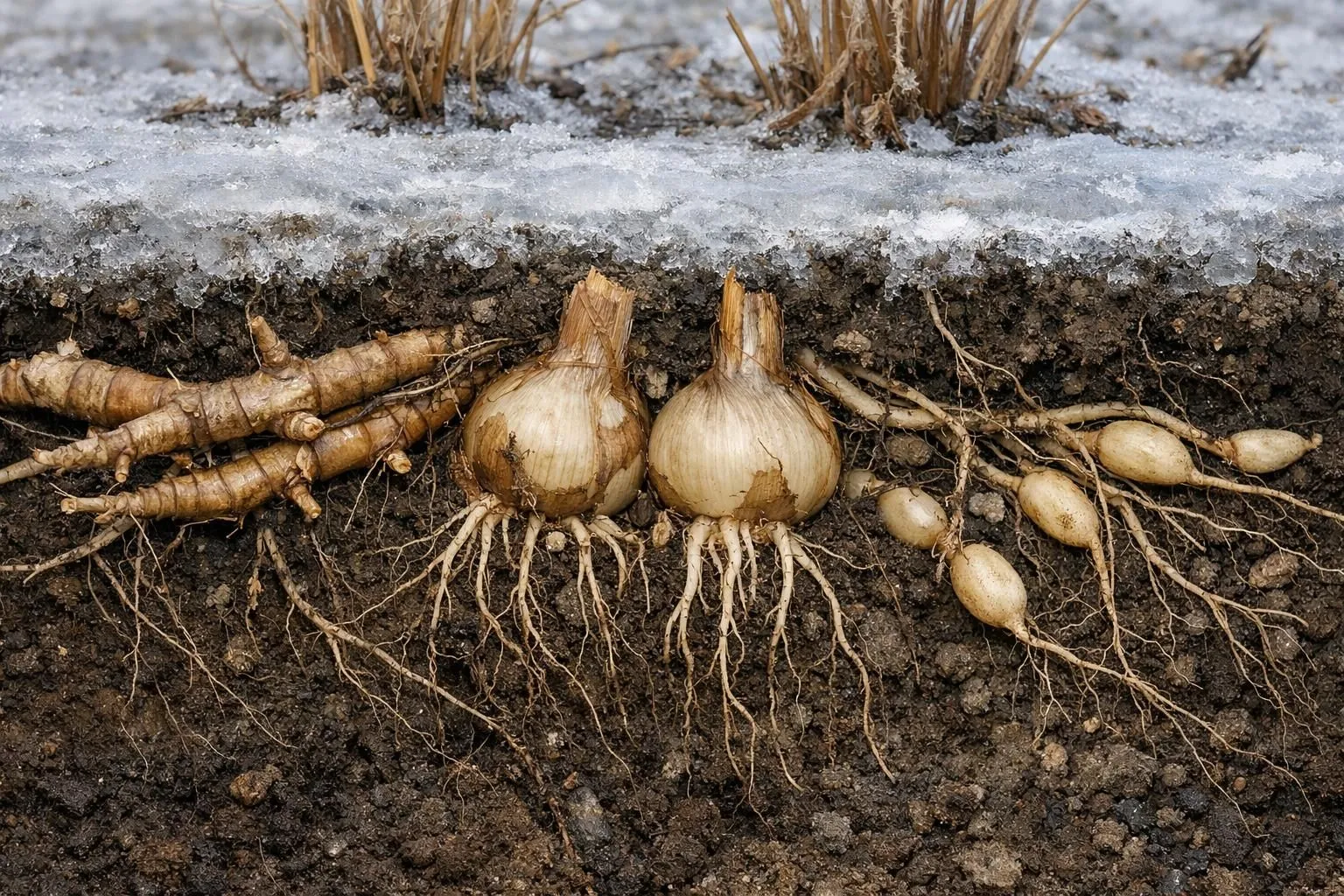 Cross-section view of perennial plant underground system during winter dormancy, showing healthy rhizomes, bulbs and root networks beneath frozen soil, educational botanical photography style with labels removed, natural earth tones, detailed macro photography, split view showing above-ground dormant stems and below-ground living structures, realistic scientific illustration quality, no text or diagrams
